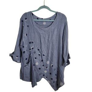 Arty 100% Linen Lagonlook Blue Polka Dot Asymmetric Hem Tunic Top One Size